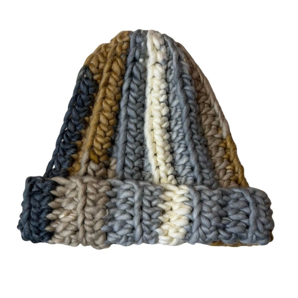 Hand Made Crochet Chunky Brown Cream & Blue Cozy Winter Beanie One Size